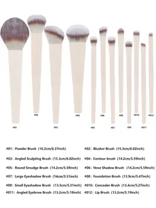 Size chart showing 12 makeup brushes with precise length measurements in cm and inches