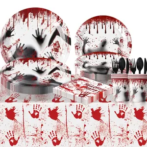 Halloween blood handprint disposable dinnerware set with bloody plates and napkins