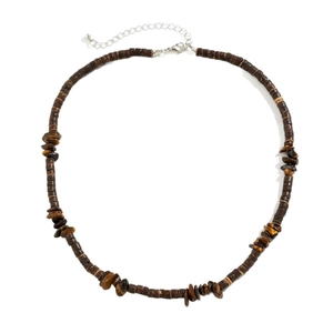 Bohemian men's necklace with brown coconut shell beads and tiger eye stones on white background