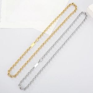 Detail of titanium steel pearl chain necklaces in gold and silver with square pendant