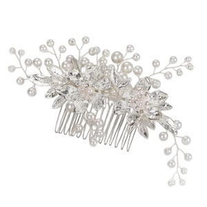Elegant bridal hair comb with silver metal flowers, white pearls and sparkling rhinestones
