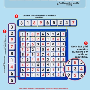 Detailed instruction of Sudoku board game showing 9x9 grid with red and black numbers