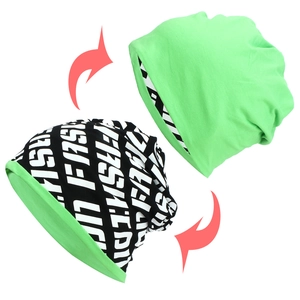 Detail showing the reversible dual-sided knit beanie with fashion letter print