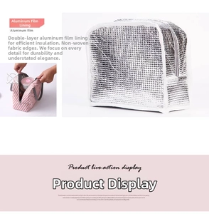 Detail of insulated lunch bag featuring double-layer aluminum film lining and pink stripes