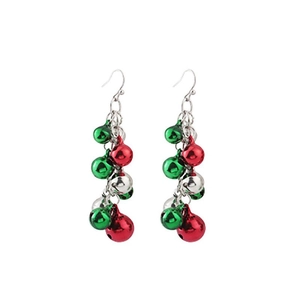 Detail of long Christmas earrings featuring red green and silver alloy bells on white background