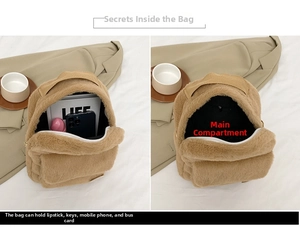 Vista macro del interior de la mochila de peluche con espacio para objetos diarios