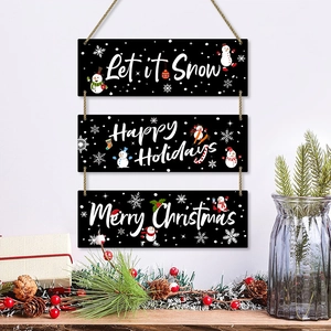 Three-tier black wooden Christmas hanging signs with Snowman and Merry Christmas prints