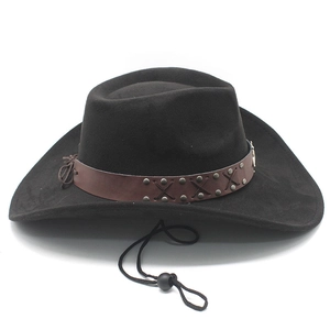 Detail of black suede cowboy hat with brown leather band and adjustable chin strap
