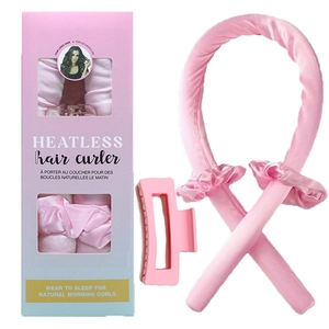 Pink heatless hair curler set with silk rod, scrunchies, and clip in retail packaging