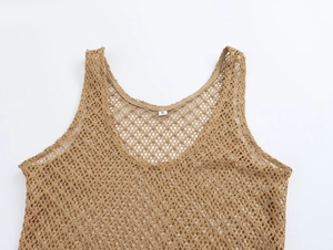 Close-up of brown knit tank top featuring a mesh weave texture and size S label
