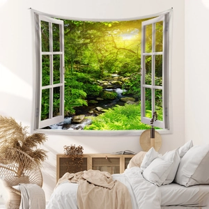 Bedroom wall decor showing a 3D window view tapestry with a sunny forest and stream