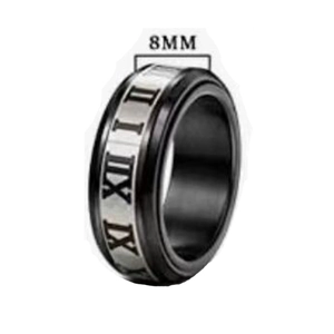 Detail of 8mm rotating anxiety ring with Roman numerals in black and silver steel