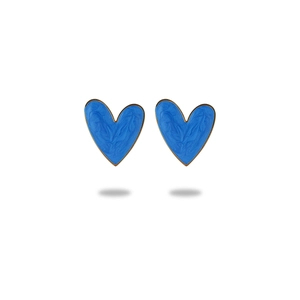 Blue enamel heart-shaped stud earrings with gold plating on a clean white background