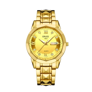 Montre à quartz dorée pour homme avec cadran dégradé, chiffres romains et bracelet acier