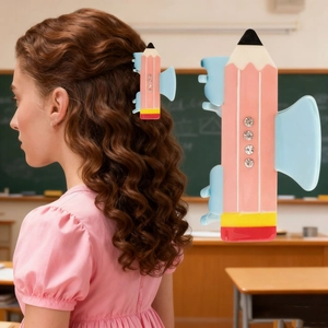 Pink and blue pencil-shaped hair claw clip with rhinestones for school-style ponytails