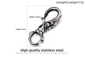 Detailed view of 304 stainless steel skull keychain with dimensions 56mm by 23mm