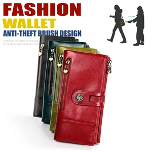 Detailed RFID blocking long wallets in leather with rose badges in four colors