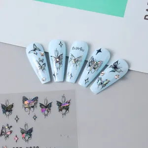 Macro detail of 3D laser silver butterfly nail stickers with holographic effect on tips