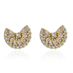 Detail of 18K gold-plated fan-shaped earrings with shimmering zircon inlays