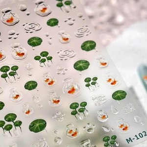 3D embossed goldfish and lotus leaf nail art stickers with clear jelly water drop texture