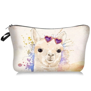 Portable white makeup bag with cartoon alpaca print and zipper closure for women
