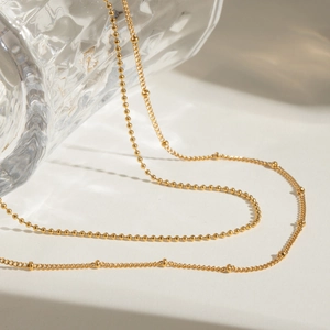 Minimalist double layer 18k gold plated stainless steel bead and link chain necklace
