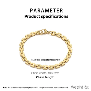 Detailed specs of gold stainless steel watch strap chain bracelet 190x5mm and 5g weight