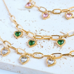 18K gold plated stainless steel necklace with pink, green and clear heart gemstones