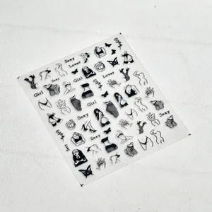 Black minimalist line art nail stickers featuring sexy girl silhouettes and roses