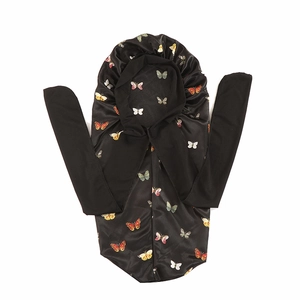 Black satin bonnet cap with colorful butterfly print and long side ribbons for sleeping
