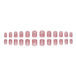 Short square pink press-on nails with floral art and glitter gradient 24pcs set