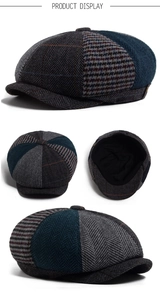 Detail view of multi-color patchwork wool newsboy cap with herringbone and plaid patterns