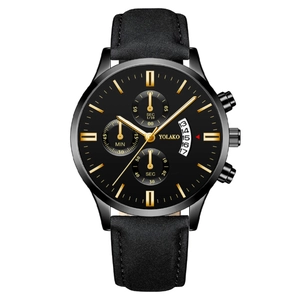 Men's chronograph watch with black leather strap and gold markers on a black dial
