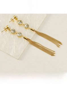Détail de boucles d'oreilles pompons en acier titane plaqué or 18K avec zircons