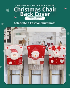 Detail of Christmas chair covers with Santa, snowman and elk embroidery on beige linen
