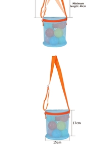 Detail view of blue mesh sand bag with size annotations and adjustable orange strap