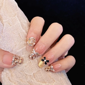 French Style Long Coffin Press On Nails Tweed Pattern Pink Blush False Nails With Black Bow Artificial Pearl Rhinestone Decor