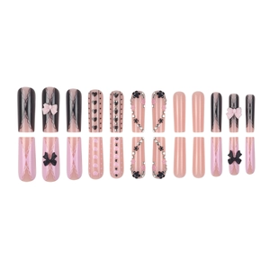 24pcs pink and black bow press-on nails with heart patterns and rhinestone accents