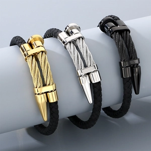 Men's Stainless Steel Woven Leather Bracelet Punk Nail Head Design Industrial Style Gold Silver Black Bangle Jewelry