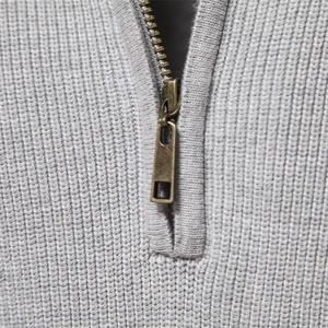 Men's grey quarter-zip sweater featuring a classic stand collar and ribbed knit texture