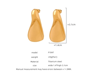 Detail view of gold titanium steel earrings showing size 3.1cm and 1.4cm dimensions