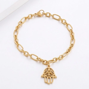 Elegant gold-plated stainless steel Hamsa Hand charm bracelet with thick chain link design