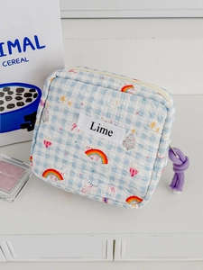 Cute rainbow plaid organizer bag for girls with soft cotton texture and purple zipper
