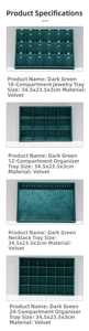 Detail view of dark green velvet jewelry trays in 18, 12, and 24 grid compartments