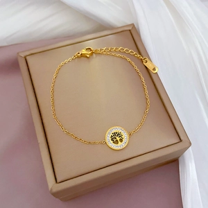 Golden Tree of Life titanium steel chain bracelet with sparkling zircon halo