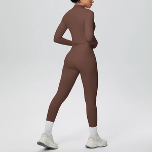 Rear view detail of slim fit dark brown sports jacket and high waist yoga leggings set