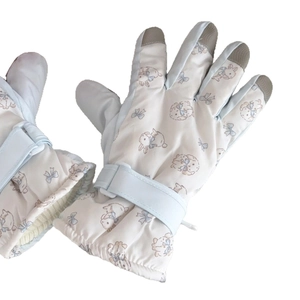 Waterproof blue ski gloves with cute bunny patterns and adjustable thermal wrist straps