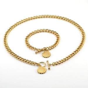 18K gold plated stainless steel Cuban link necklace and bracelet set with OT toggle clasp