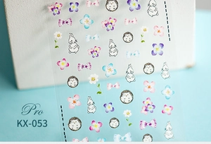 Detail of 5D Japanese cartoon nail stickers with hedgehog, rabbit, and floral motifs