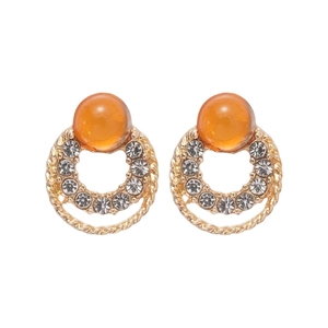 Golden double-hoop earrings with orange opal beads and sparkling crystal accents